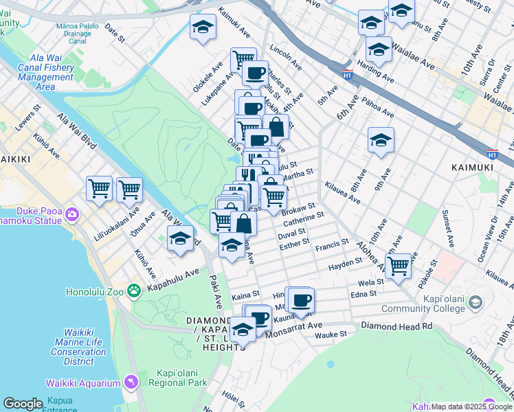 map of restaurants, bars, coffee shops, grocery stores, and more near 3144 Brokaw Street in Honolulu