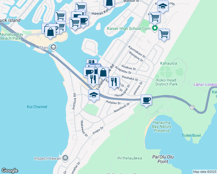 map of restaurants, bars, coffee shops, grocery stores, and more near 223 Nomilo Place in Honolulu