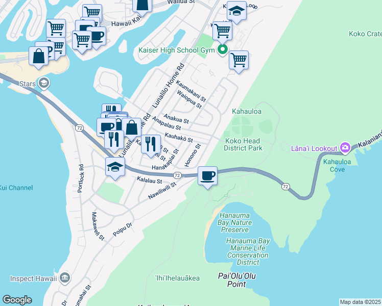map of restaurants, bars, coffee shops, grocery stores, and more near 330 Honono Street in Honolulu
