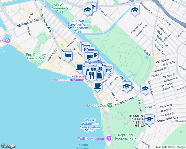 map of restaurants, bars, coffee shops, grocery stores, and more near 2417 Prince Edward Street in Honolulu