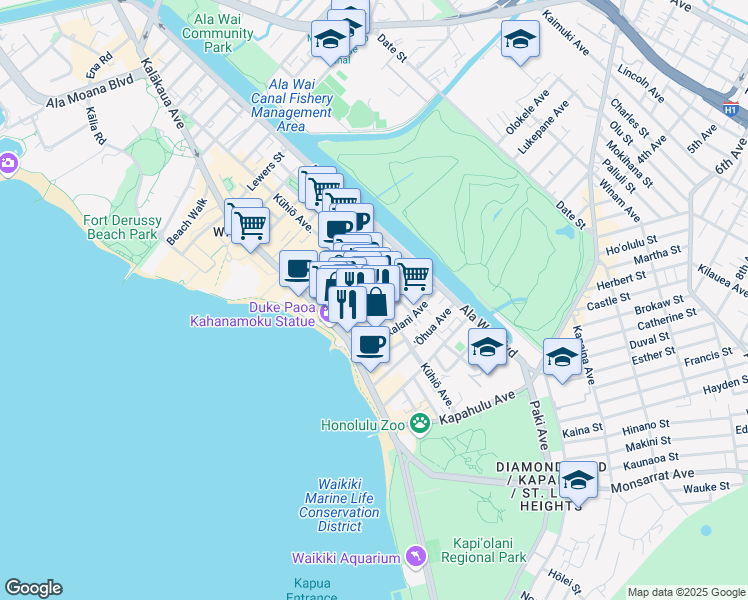 map of restaurants, bars, coffee shops, grocery stores, and more near Kuhio Ave & Uluniu Ave in Honolulu