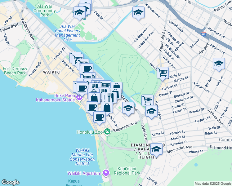 map of restaurants, bars, coffee shops, grocery stores, and more near in Honolulu