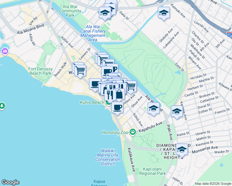 map of restaurants, bars, coffee shops, grocery stores, and more near in Honolulu