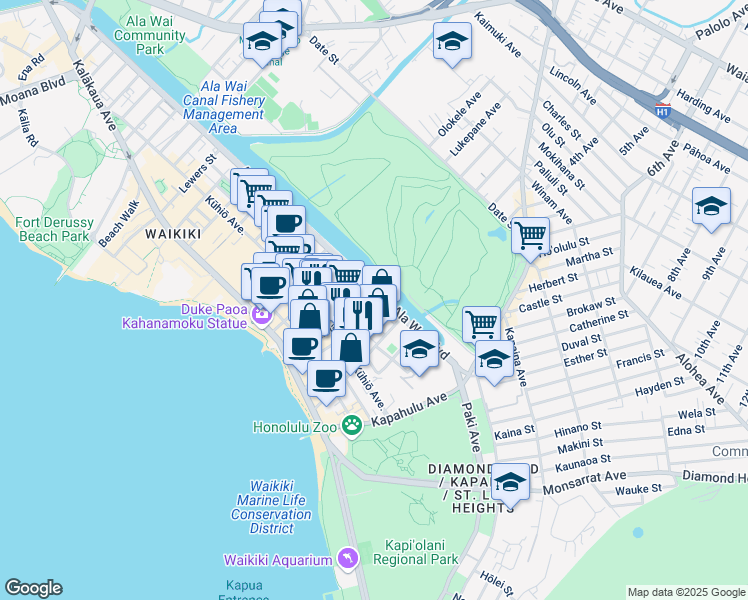 map of restaurants, bars, coffee shops, grocery stores, and more near in Honolulu