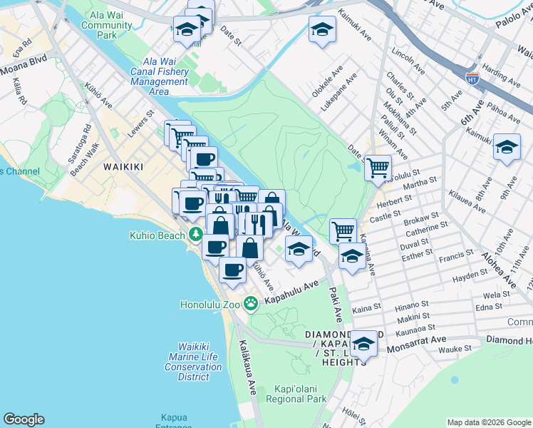 map of restaurants, bars, coffee shops, grocery stores, and more near 250 ʻŌhua Avenue in Honolulu