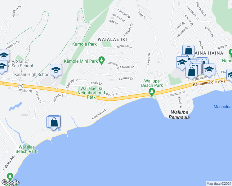 map of restaurants, bars, coffee shops, grocery stores, and more near 4918 Poola Street in Honolulu