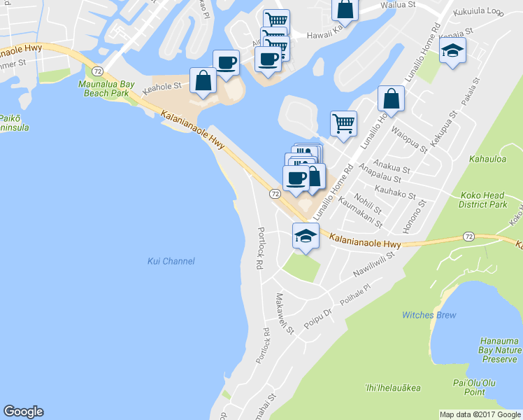 map of restaurants, bars, coffee shops, grocery stores, and more near 257 Portlock Road in Honolulu