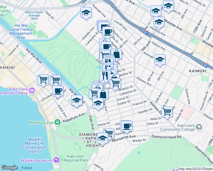 map of restaurants, bars, coffee shops, grocery stores, and more near 3311 Campbell Avenue in Honolulu