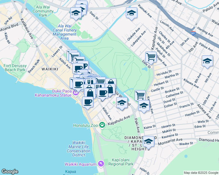 map of restaurants, bars, coffee shops, grocery stores, and more near 2465 Ala Wai Boulevard in Honolulu