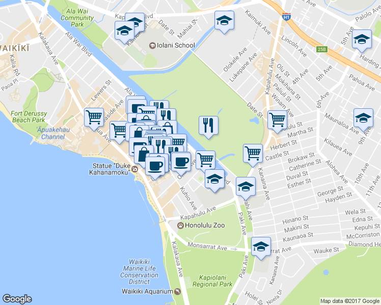 map of restaurants, bars, coffee shops, grocery stores, and more near 2465 Ala Wai Boulevard in Honolulu