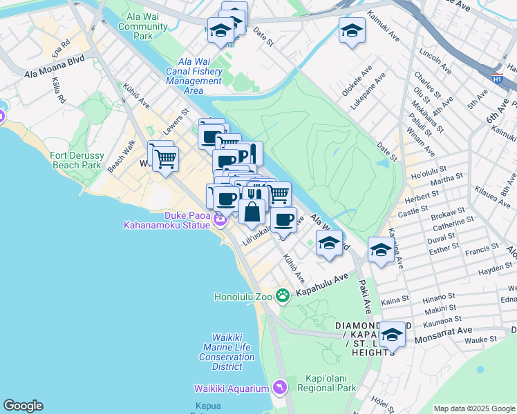 map of restaurants, bars, coffee shops, grocery stores, and more near 2421 Tusitala Street in Honolulu