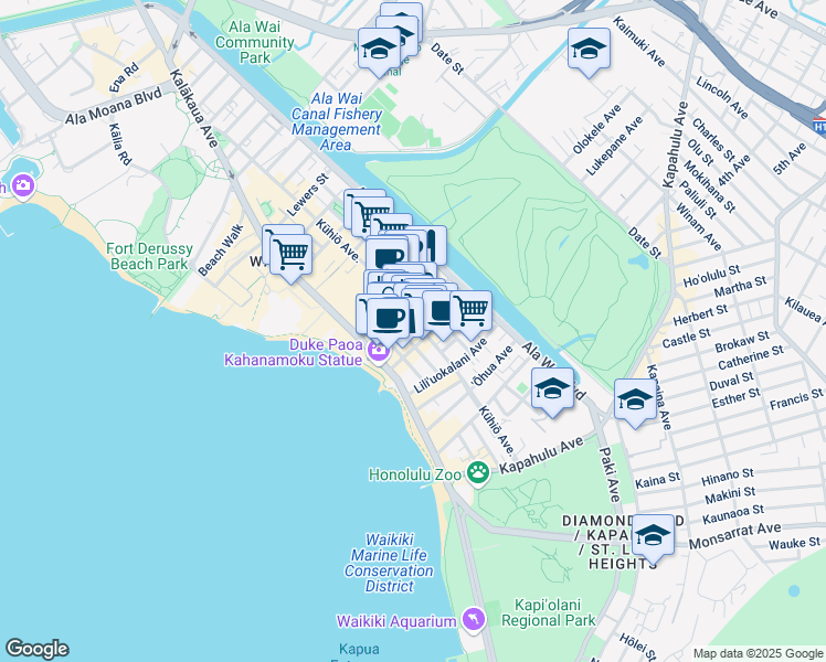map of restaurants, bars, coffee shops, grocery stores, and more near in Honolulu