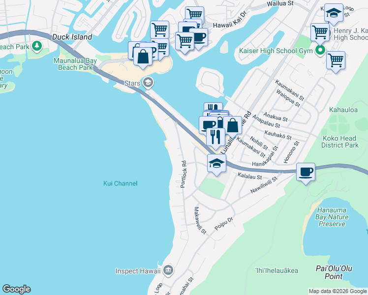 map of restaurants, bars, coffee shops, grocery stores, and more near 257 Portlock Road in Honolulu