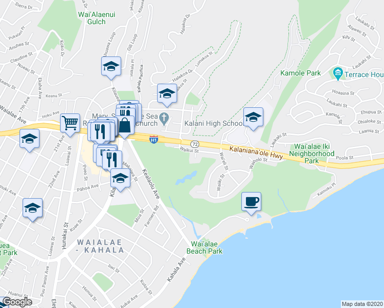 map of restaurants, bars, coffee shops, grocery stores, and more near 4530 Waikui Street in Honolulu