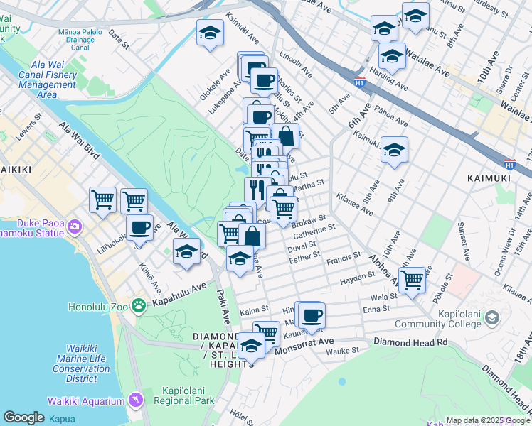 map of restaurants, bars, coffee shops, grocery stores, and more near 3311 Campbell Avenue in Honolulu
