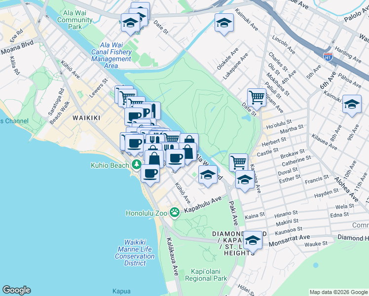 map of restaurants, bars, coffee shops, grocery stores, and more near 2503 Ala Wai Boulevard in Honolulu