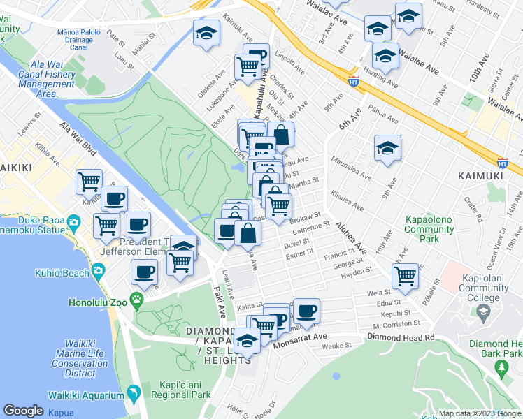 map of restaurants, bars, coffee shops, grocery stores, and more near 3121 Herbert Street in Honolulu