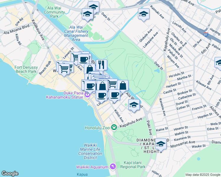 map of restaurants, bars, coffee shops, grocery stores, and more near 249 Kapili Street in Honolulu