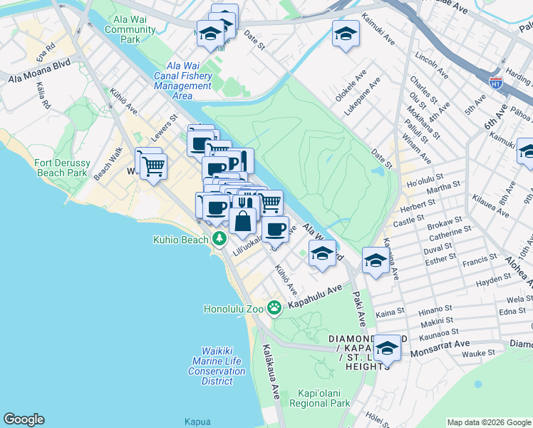 map of restaurants, bars, coffee shops, grocery stores, and more near 2421 Tusitala Street in Honolulu