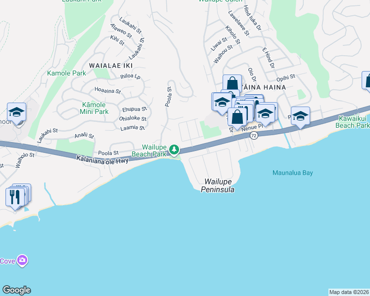 map of restaurants, bars, coffee shops, grocery stores, and more near 5361 Keikilani Circle in Honolulu