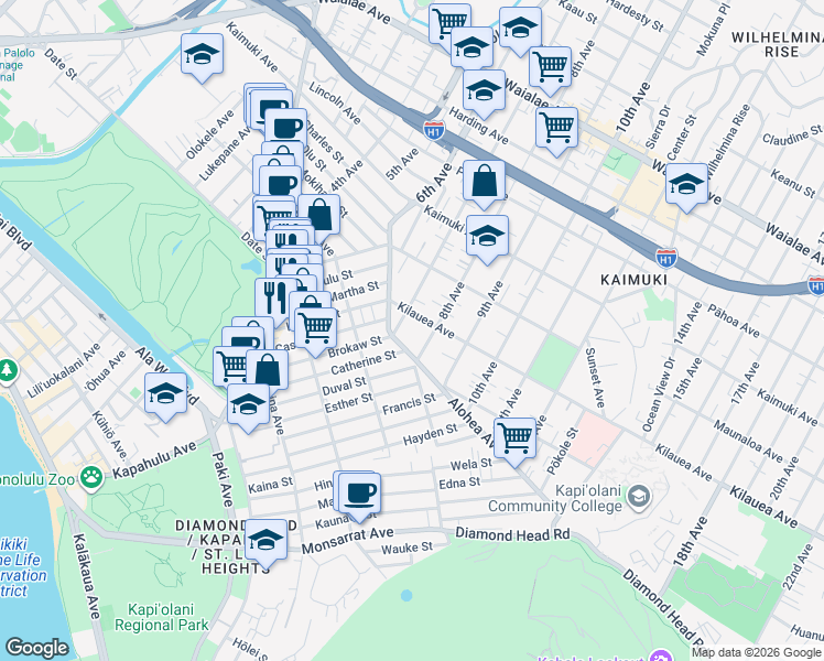 map of restaurants, bars, coffee shops, grocery stores, and more near 3359 Kilauea Avenue in Honolulu