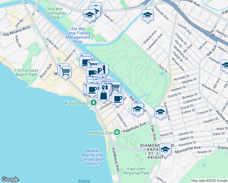 map of restaurants, bars, coffee shops, grocery stores, and more near 2421 Tusitala Street in Honolulu