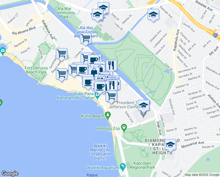 map of restaurants, bars, coffee shops, grocery stores, and more near 209 Kaʻiulani Avenue in Honolulu