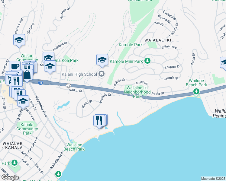 map of restaurants, bars, coffee shops, grocery stores, and more near Laukahi St & Kalanianaole Hwy in Honolulu