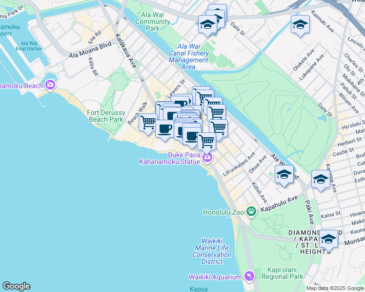 map of restaurants, bars, coffee shops, grocery stores, and more near 2332 Kalakaua Avenue in Honolulu