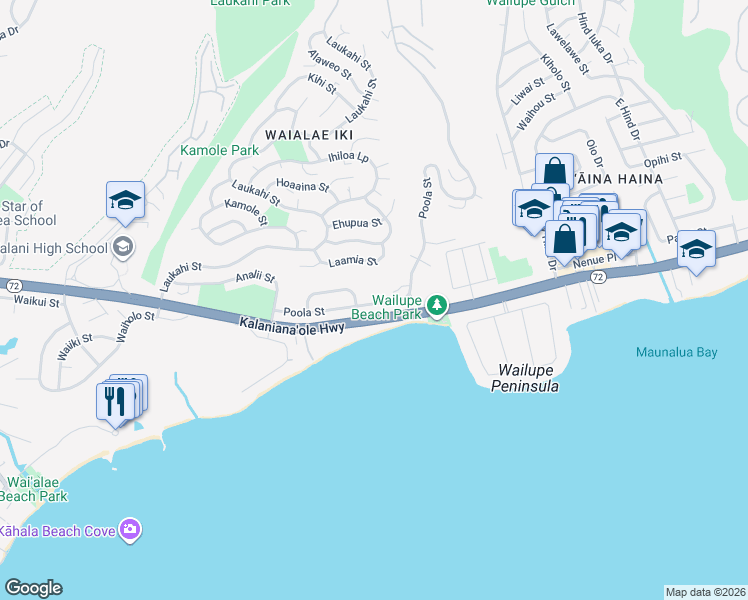 map of restaurants, bars, coffee shops, grocery stores, and more near 4990 Poola Street in Honolulu