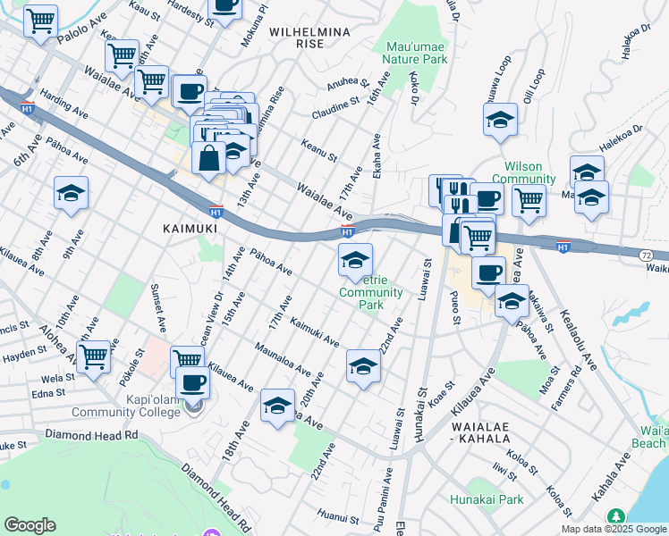 map of restaurants, bars, coffee shops, grocery stores, and more near 1040 18th Avenue in Honolulu