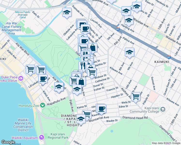 map of restaurants, bars, coffee shops, grocery stores, and more near 3311 Campbell Avenue in Honolulu