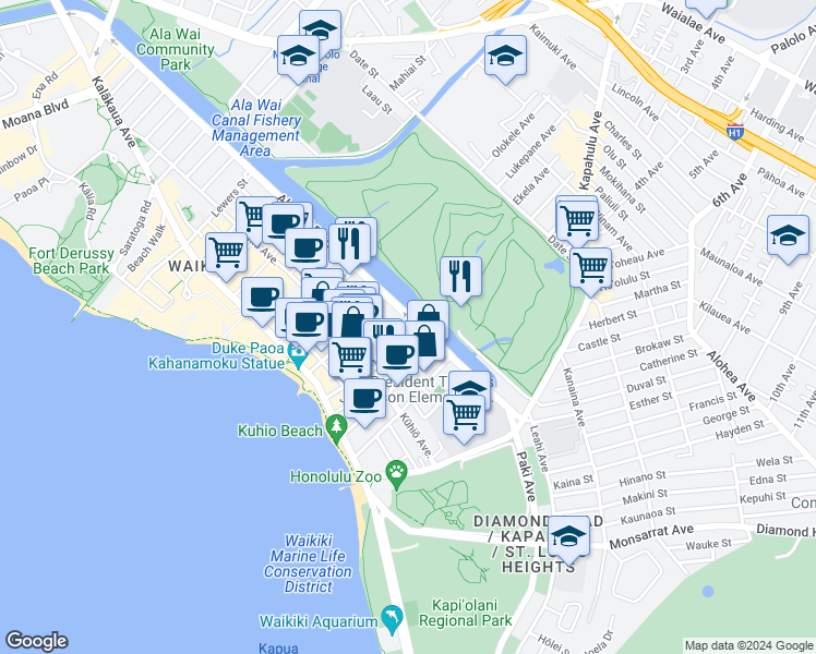 map of restaurants, bars, coffee shops, grocery stores, and more near 2465 Ala Wai Boulevard in Honolulu