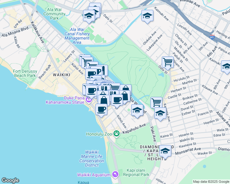 map of restaurants, bars, coffee shops, grocery stores, and more near 2465 Ala Wai Boulevard in Honolulu