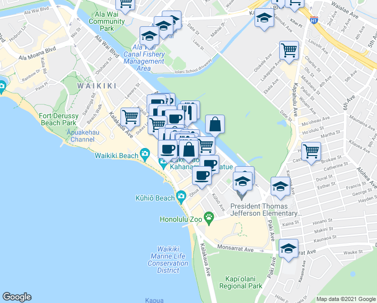 map of restaurants, bars, coffee shops, grocery stores, and more near 2421 Tusitala Street in Honolulu