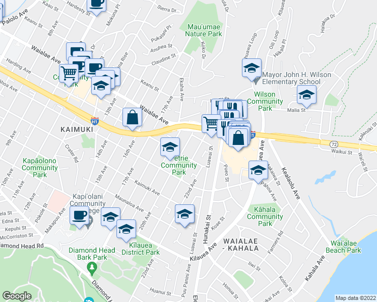 map of restaurants, bars, coffee shops, grocery stores, and more near 1117A 20th Avenue in Honolulu
