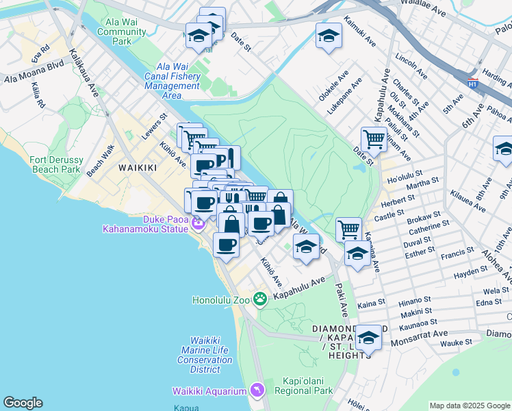 map of restaurants, bars, coffee shops, grocery stores, and more near 2465 Ala Wai Boulevard in Honolulu