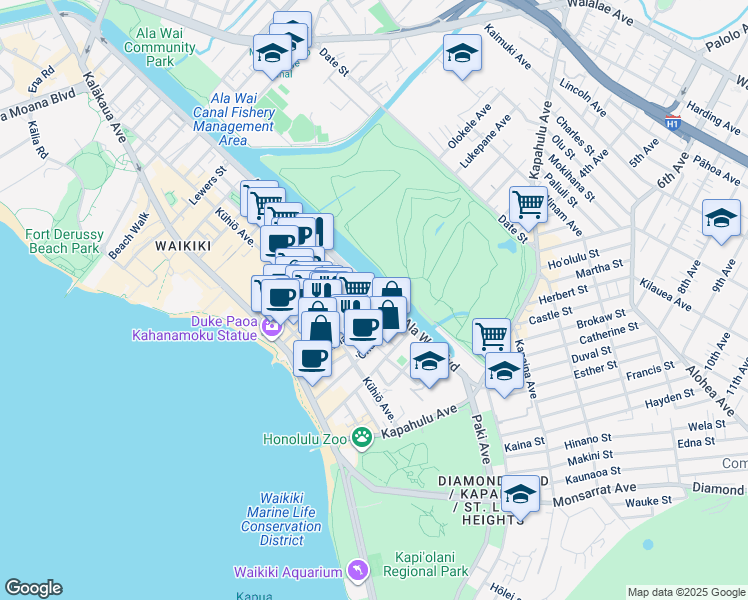 map of restaurants, bars, coffee shops, grocery stores, and more near 2465 Ala Wai Boulevard in Honolulu