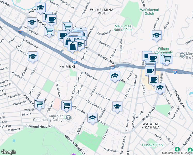 map of restaurants, bars, coffee shops, grocery stores, and more near 1019 16th Avenue in Honolulu
