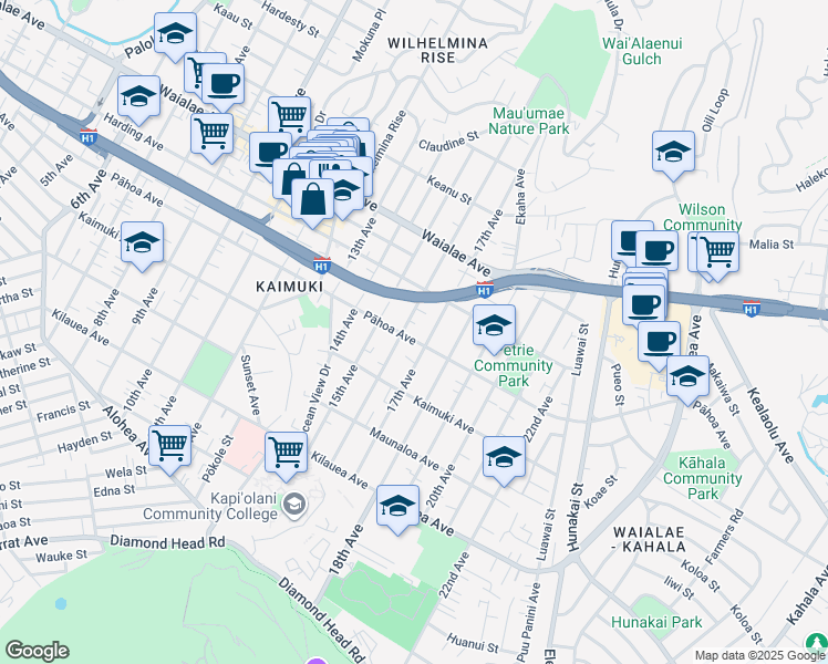map of restaurants, bars, coffee shops, grocery stores, and more near 1019 16th Avenue in Honolulu