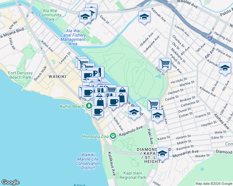map of restaurants, bars, coffee shops, grocery stores, and more near 2465 Ala Wai Boulevard in Honolulu