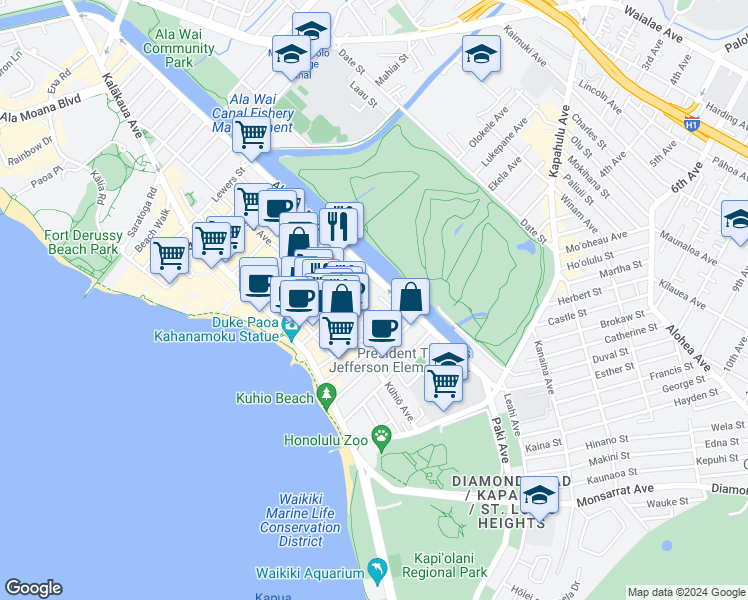 map of restaurants, bars, coffee shops, grocery stores, and more near 2421 Tusitala Street in Honolulu