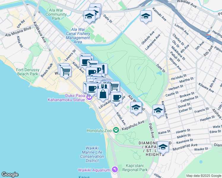 map of restaurants, bars, coffee shops, grocery stores, and more near 2421 Tusitala Street in Honolulu