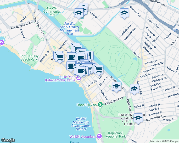map of restaurants, bars, coffee shops, grocery stores, and more near in Honolulu