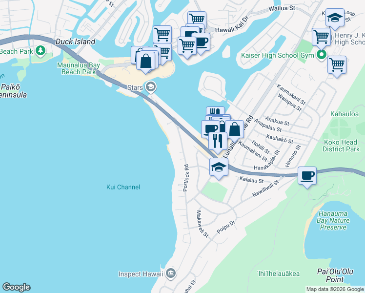 map of restaurants, bars, coffee shops, grocery stores, and more near 257 Portlock Road in Honolulu