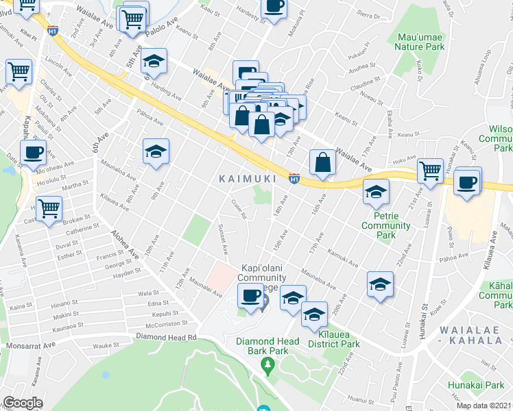 map of restaurants, bars, coffee shops, grocery stores, and more near 942 Crater Place in Honolulu
