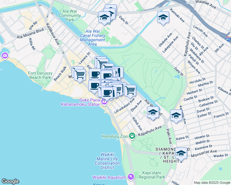 map of restaurants, bars, coffee shops, grocery stores, and more near in Honolulu