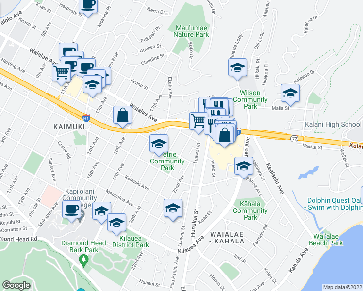 map of restaurants, bars, coffee shops, grocery stores, and more near 1130 21st Avenue in Honolulu
