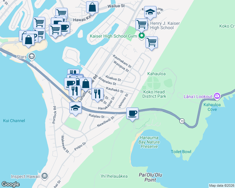 map of restaurants, bars, coffee shops, grocery stores, and more near 344 Hanakapiai Street in Honolulu