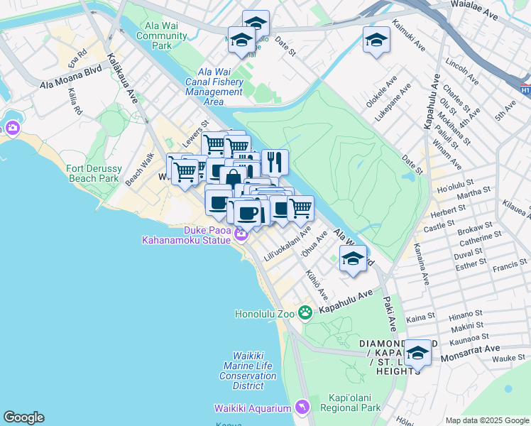 map of restaurants, bars, coffee shops, grocery stores, and more near in Honolulu